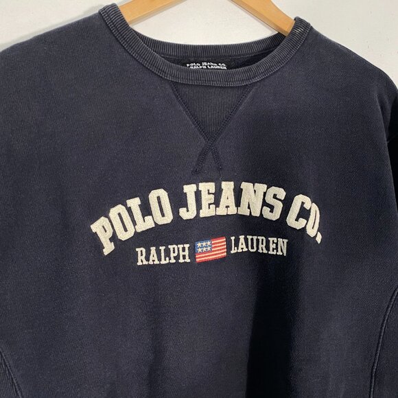 Vintage Polo Jeans Co. Felt Spellout Pullover Crewneck Sweatshirt Navy mens L - Picture 3 of 8